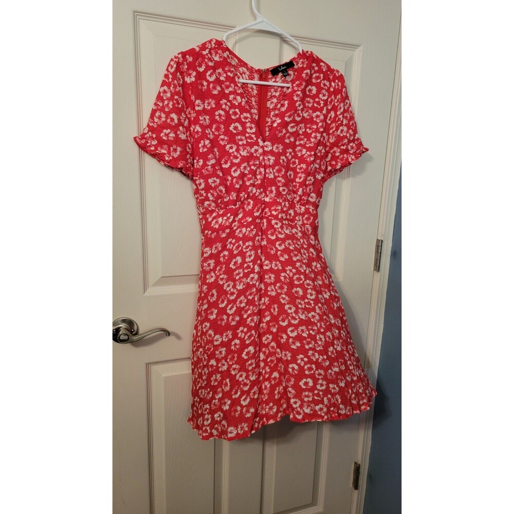Lulus Red Floral V-Neck Mini Dress Size L Large Short Sleeve Tie Back Summer